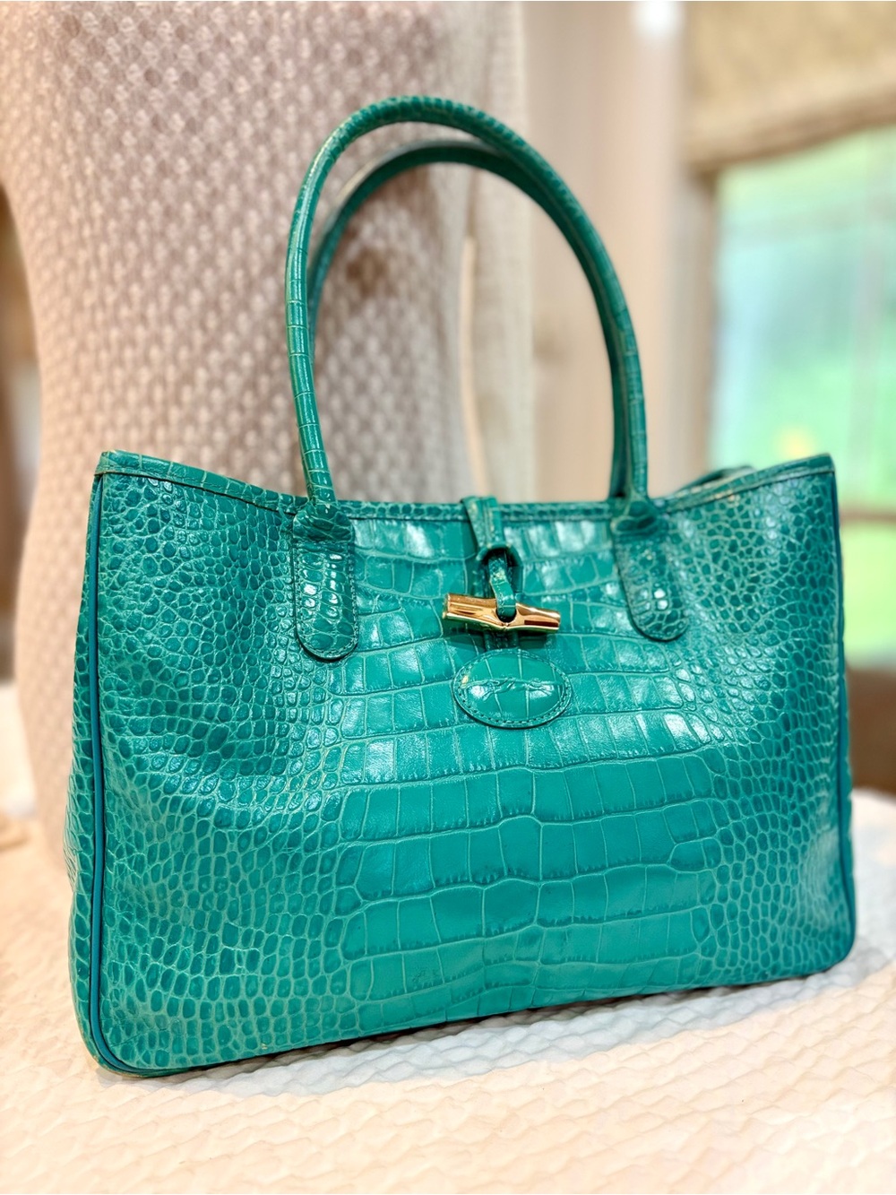 Longchamp Roseau Croc-Embossed Leather Tote Bag EUC Teal Duck Blue Authentic ✨